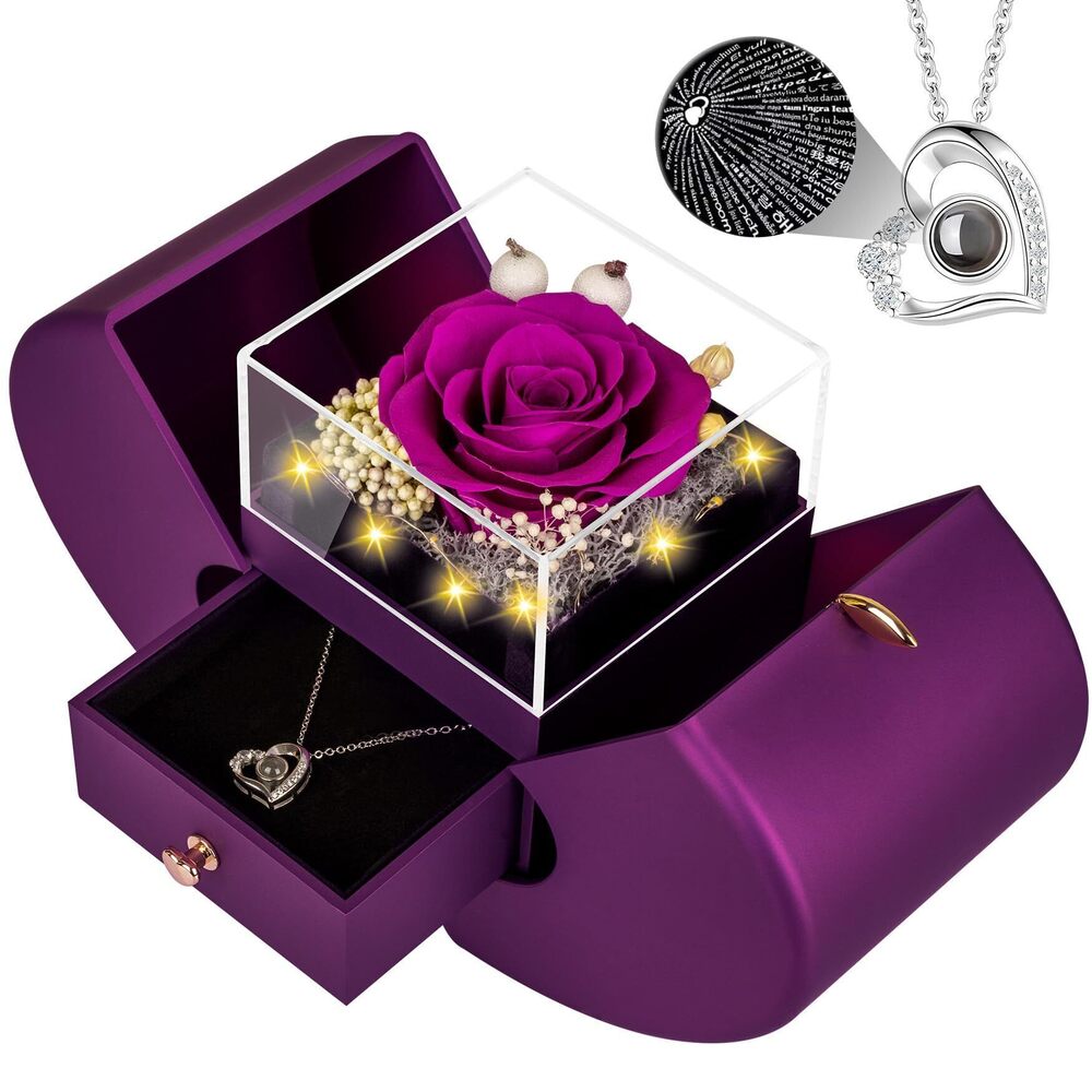 6798 Preserved Purple Real Rose with I Love You Necklace, Eternal Flowers